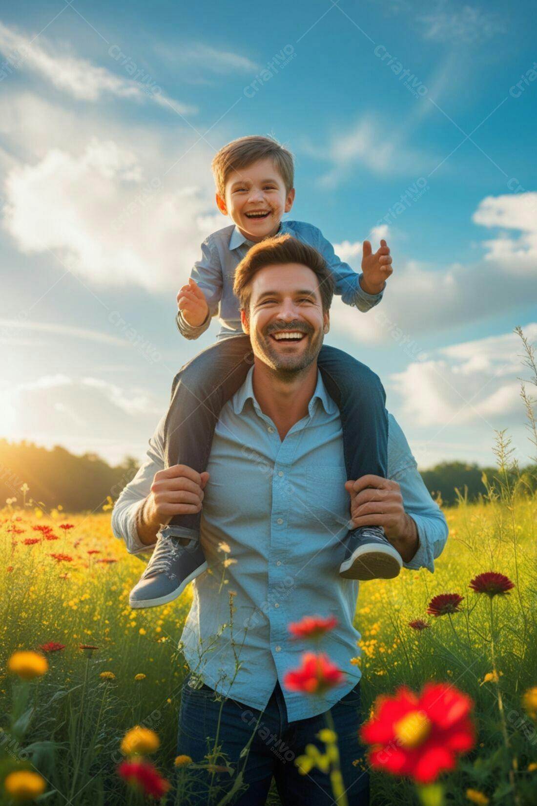 Pai e filho felizes em campo florido