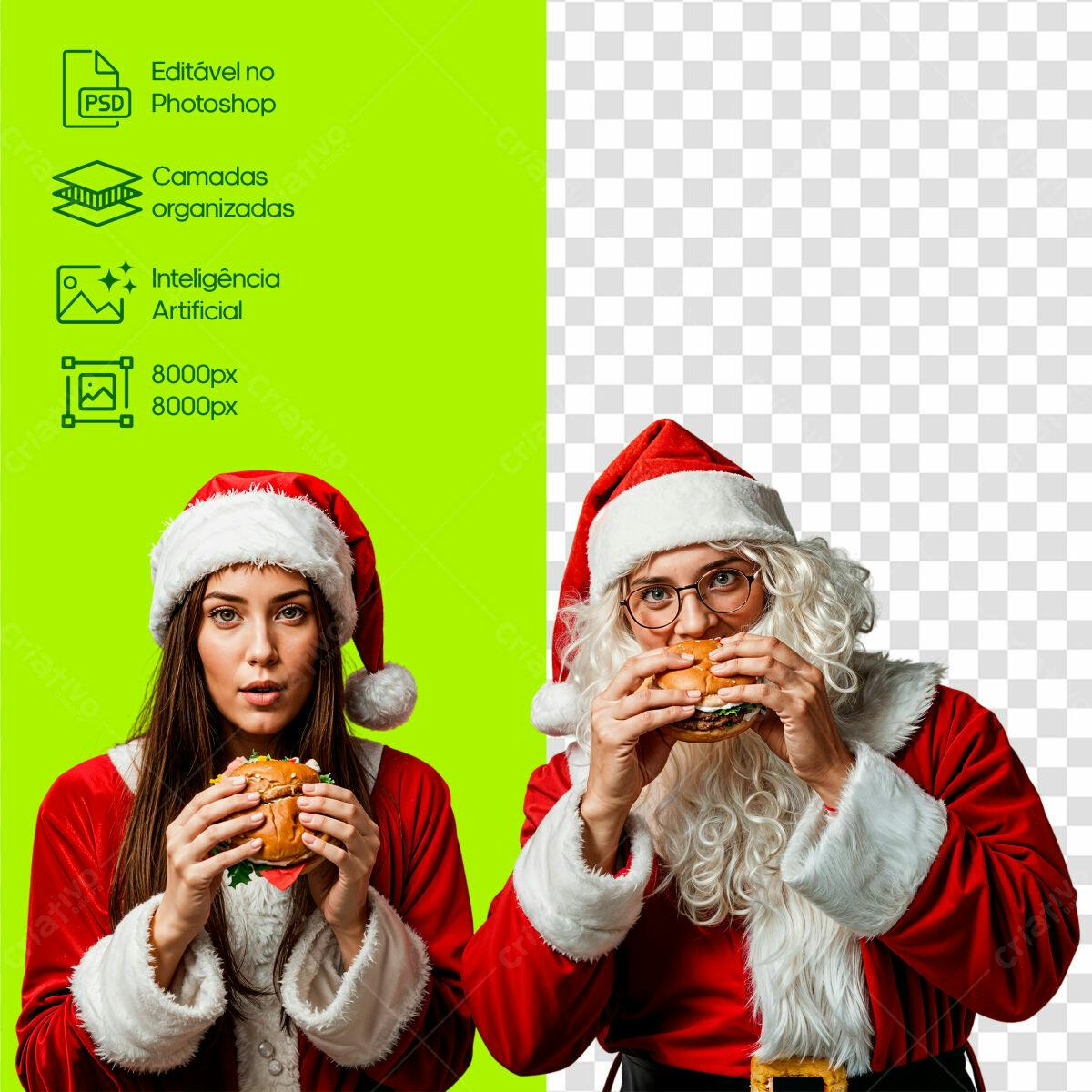 Imagem Natalina Papai Noel e Amiga com Hambúrguer PSD
