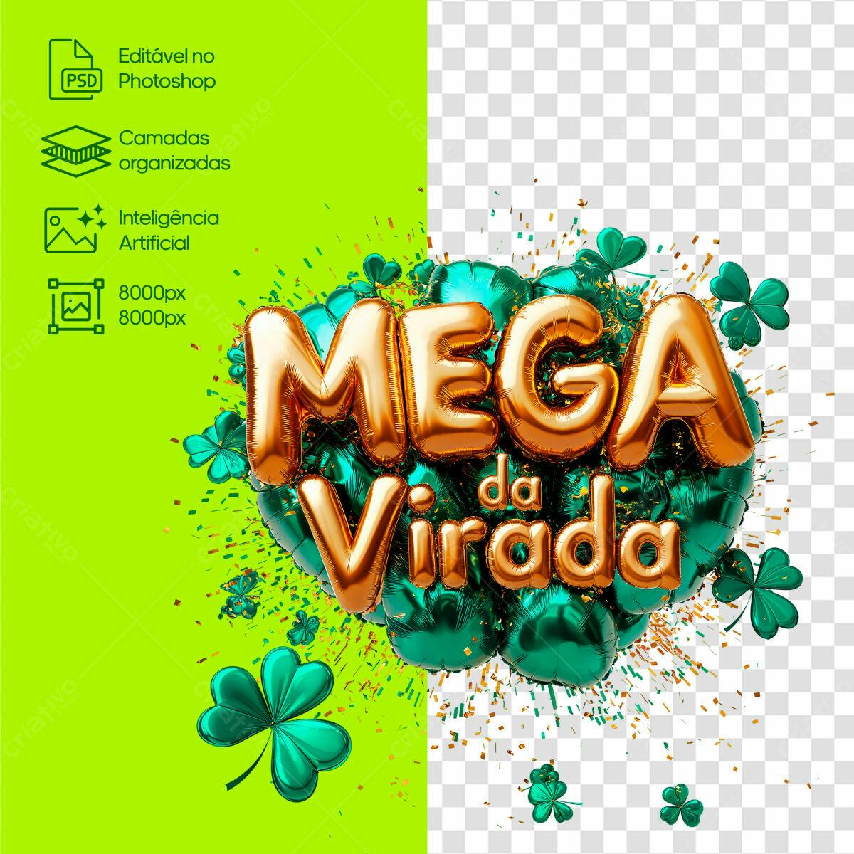 Selo 3D promocional dourado e verde balões
