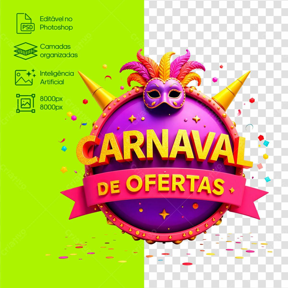 Selo 3D promocional Carnaval dourado e roxo