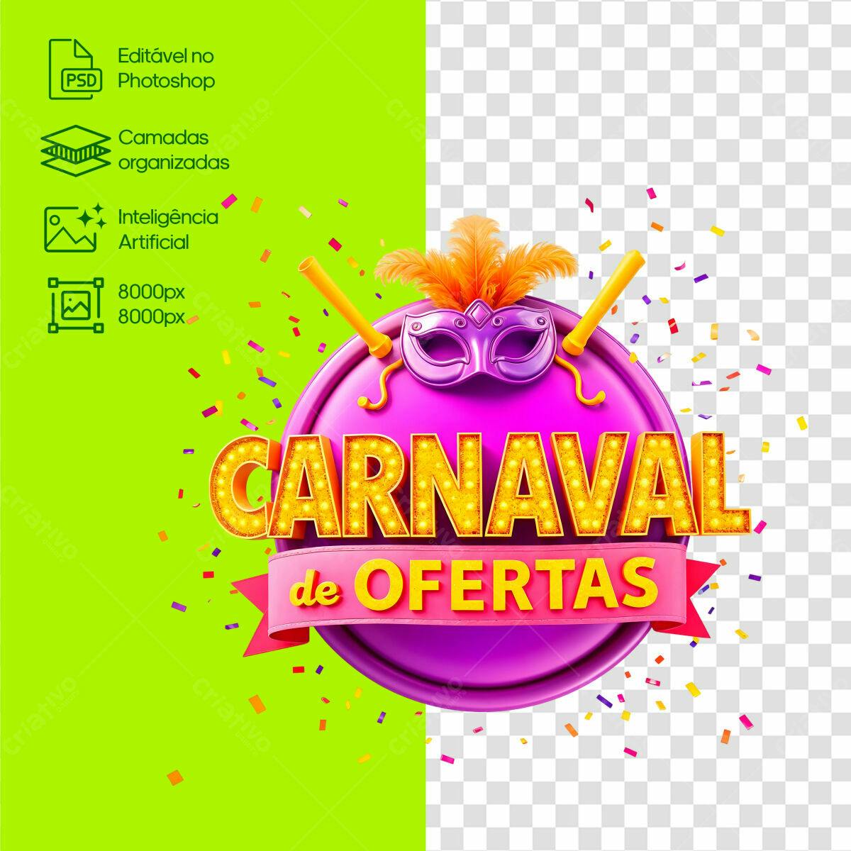 Selo 3D promocional Carnaval roxo e dourado