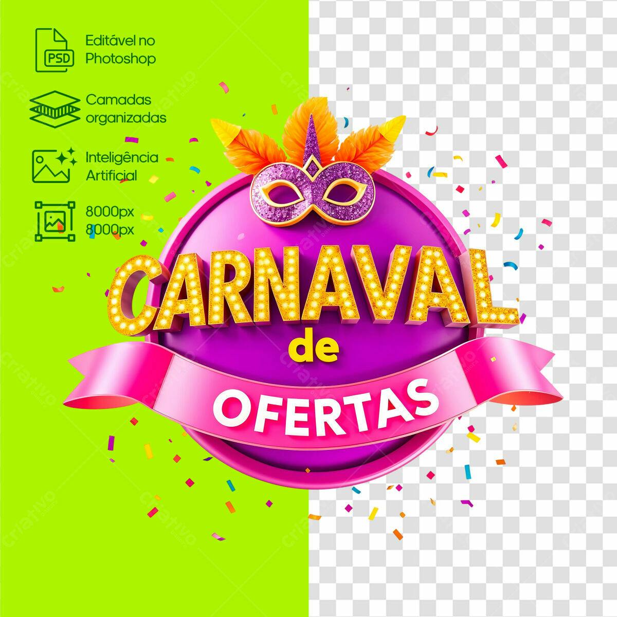 Selo 3D promocional Carnaval rosa e amarelo