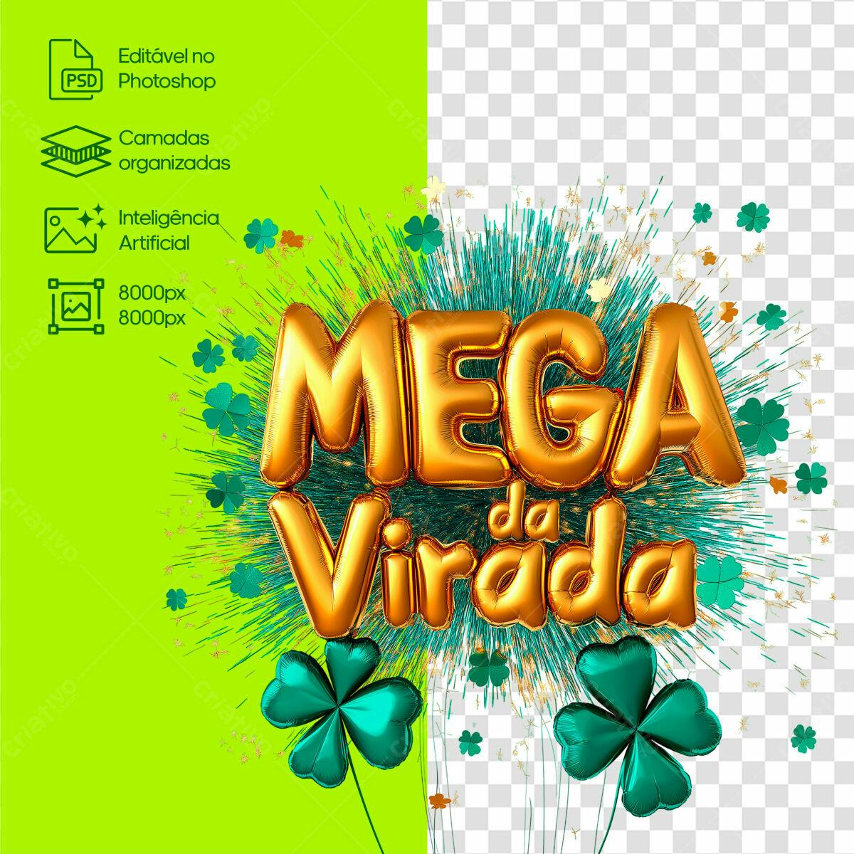 Selo 3D promocional dourado balões e trevos