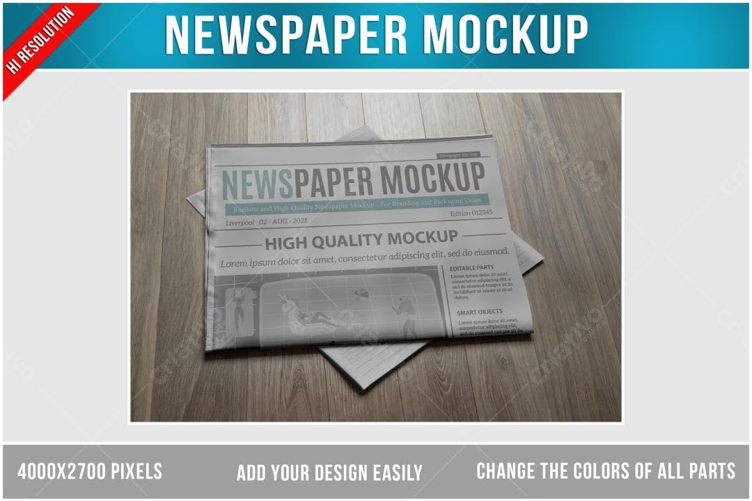 Mockup Jornal Realista em Mesa de Madeira