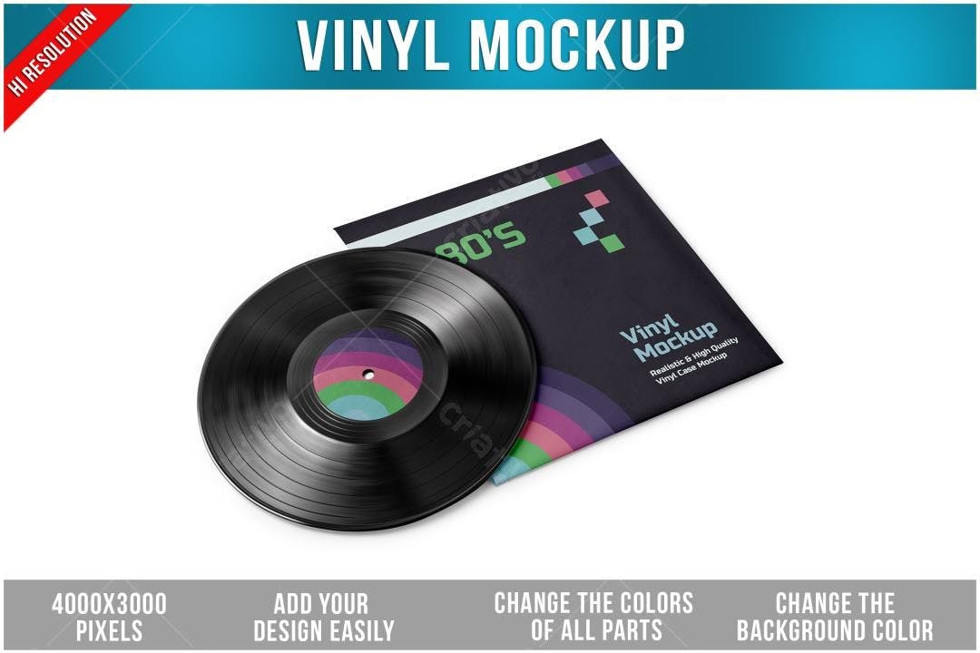 Mockup de Vinil anos 80: Capa e Disco Retrô