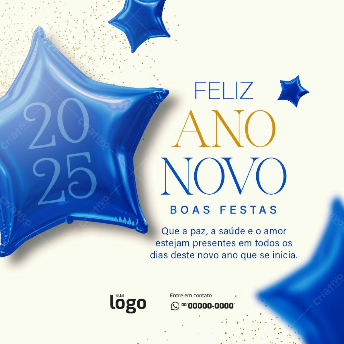 Postagem Ano Novo 2025 Azul e Dourado PSD Editável