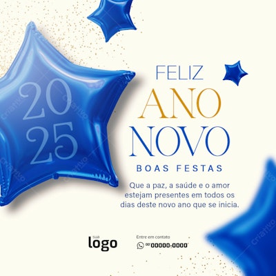 Postagem Ano Novo 2025 Azul e Dourado PSD Editável