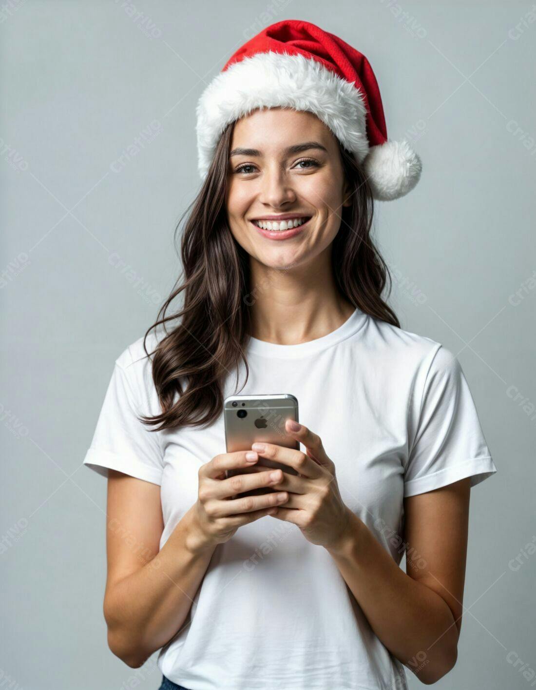 Mulher sorridente com celular chapéu Papai Noel