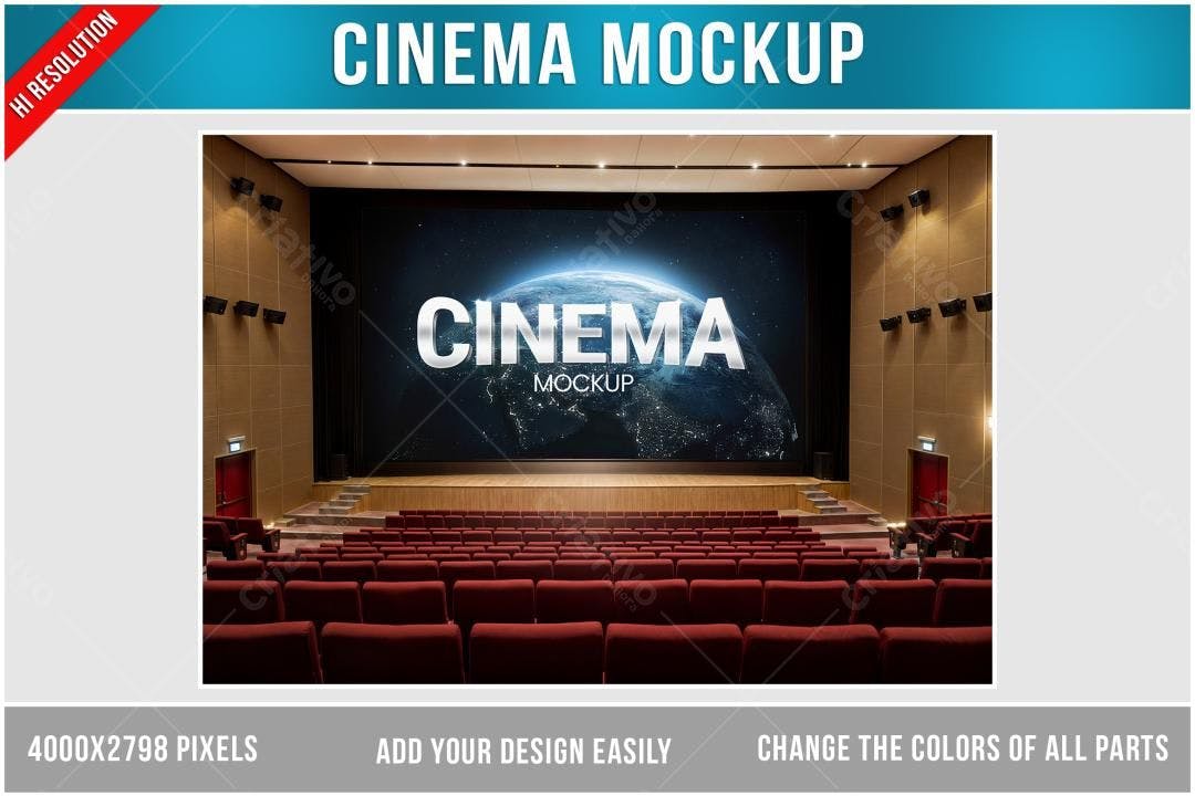 Mockup Cinema Realista: Tela Gigante e Poltronas Vermelhas
