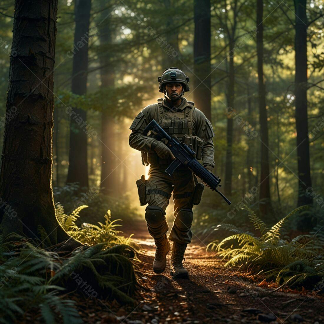Soldado em trilha florestal ao amanhecer