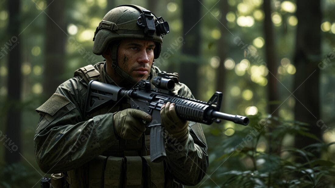 Soldado com fuzil em floresta verde