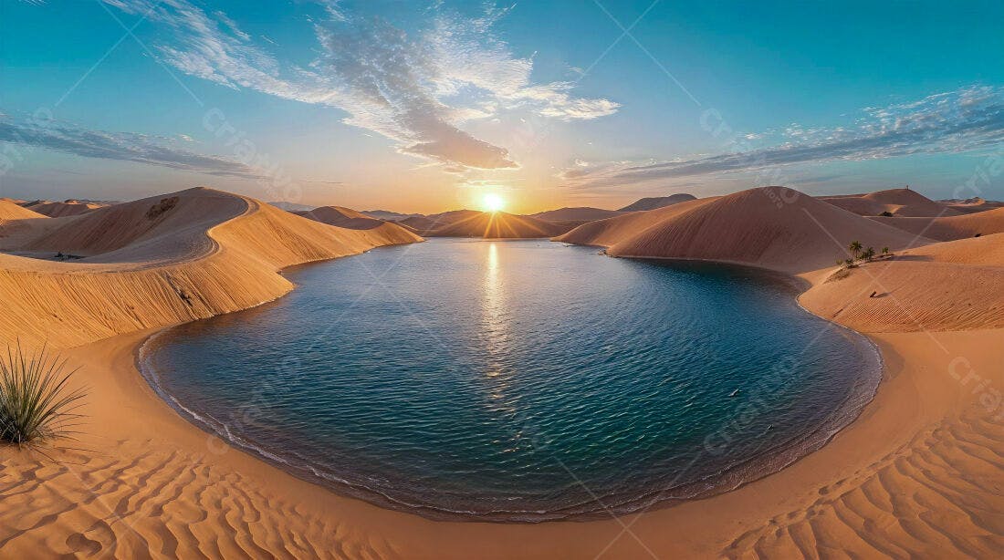 Lagoa azul no deserto ao pôr do sol