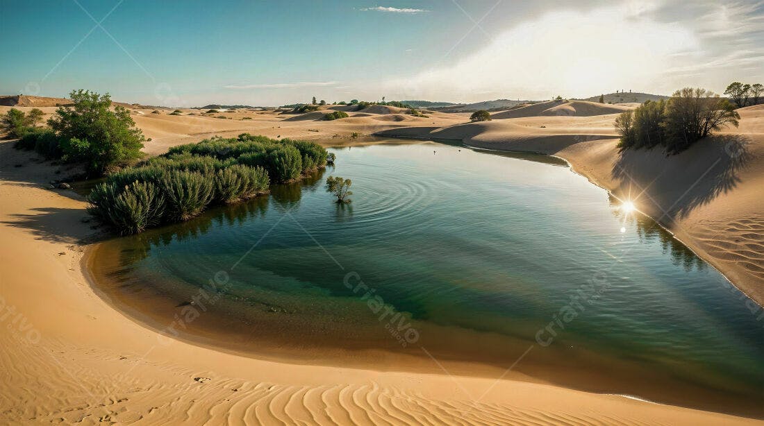 Lagoa no deserto dunas areia dourada