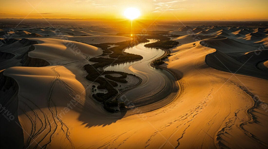 Rio serpenteando entre dunas ao pôr do sol