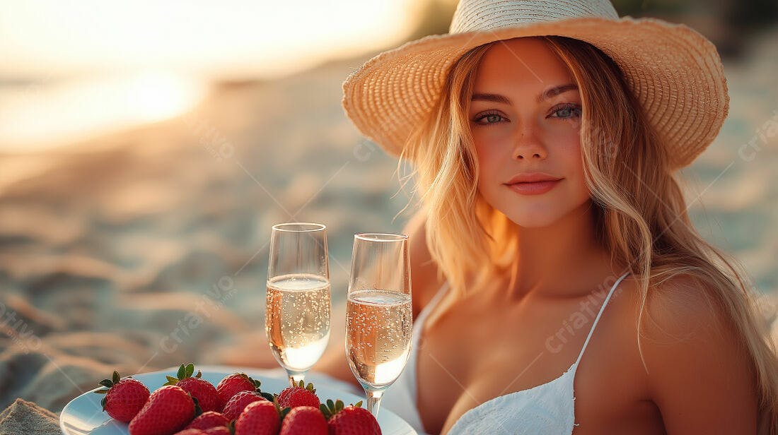 Mulher loira na praia com champanhe e morangos