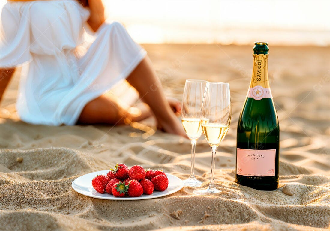 Champagne e morangos na praia ao entardecer