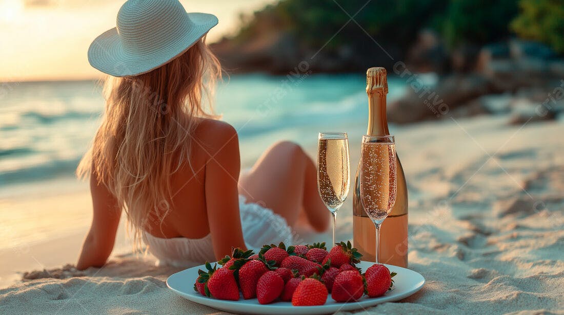 Mulher na praia ao pôr do sol com champanhe