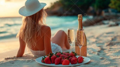 Champagne E Morangos Mulher Na Beira Da Praia