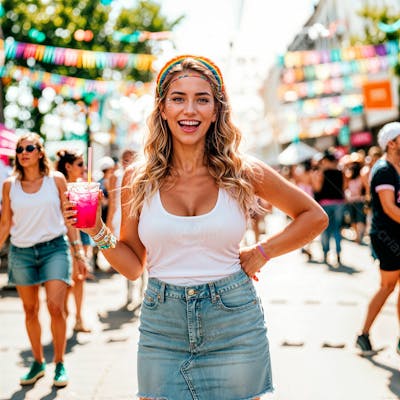 Mulher Feliz Com Bebida Colorida Carnaval