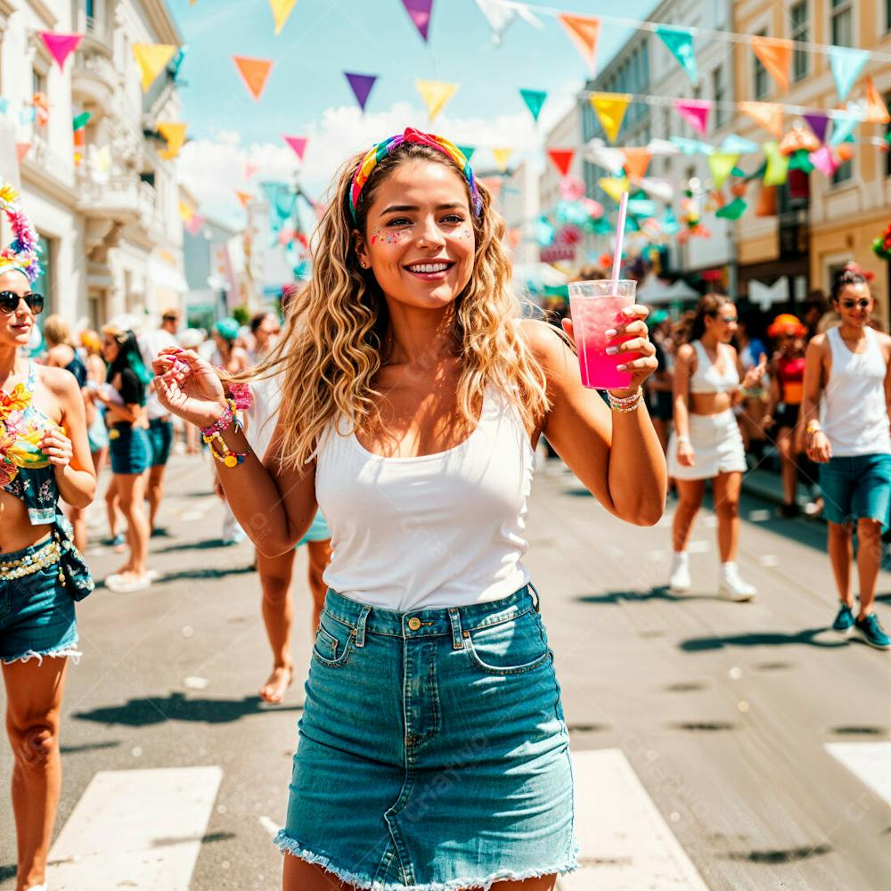Mulher Jovem Exibindo Sua Bebida Rosa No Carnaval