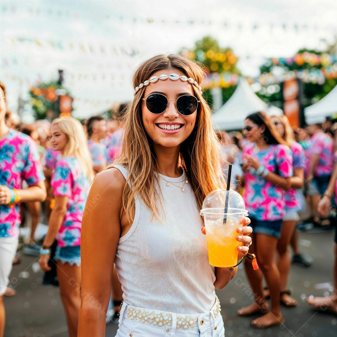 Mulher jovem sorrindo em festival de verão