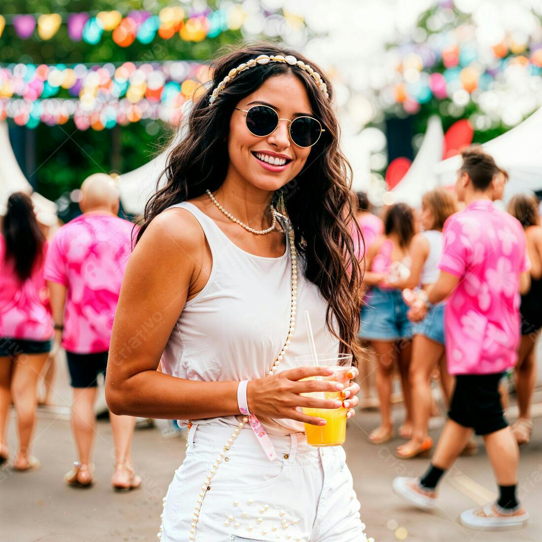Mulher sorrindo em festival com bebida
