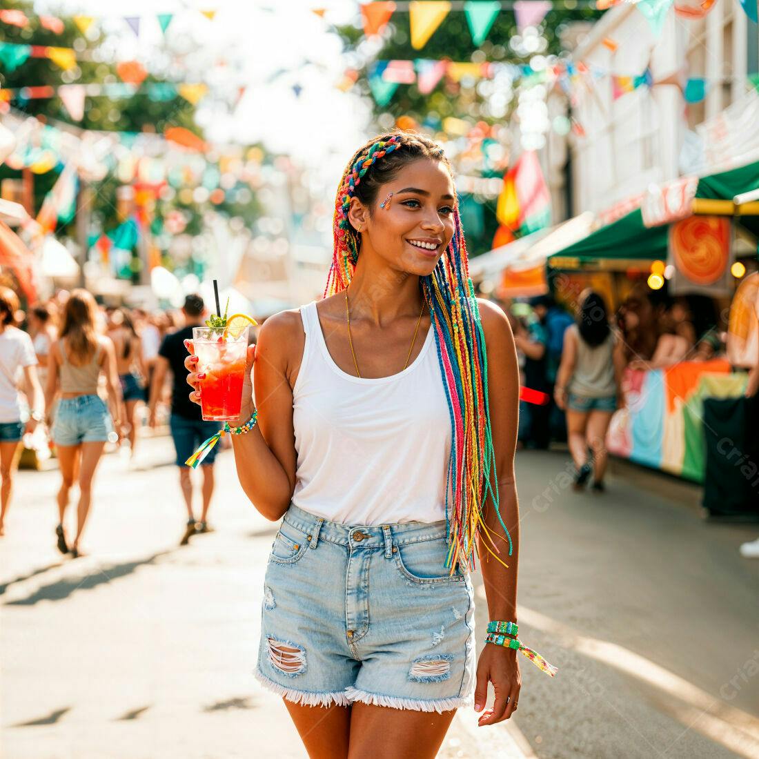 Mulher jovem em festival com bebida colorida