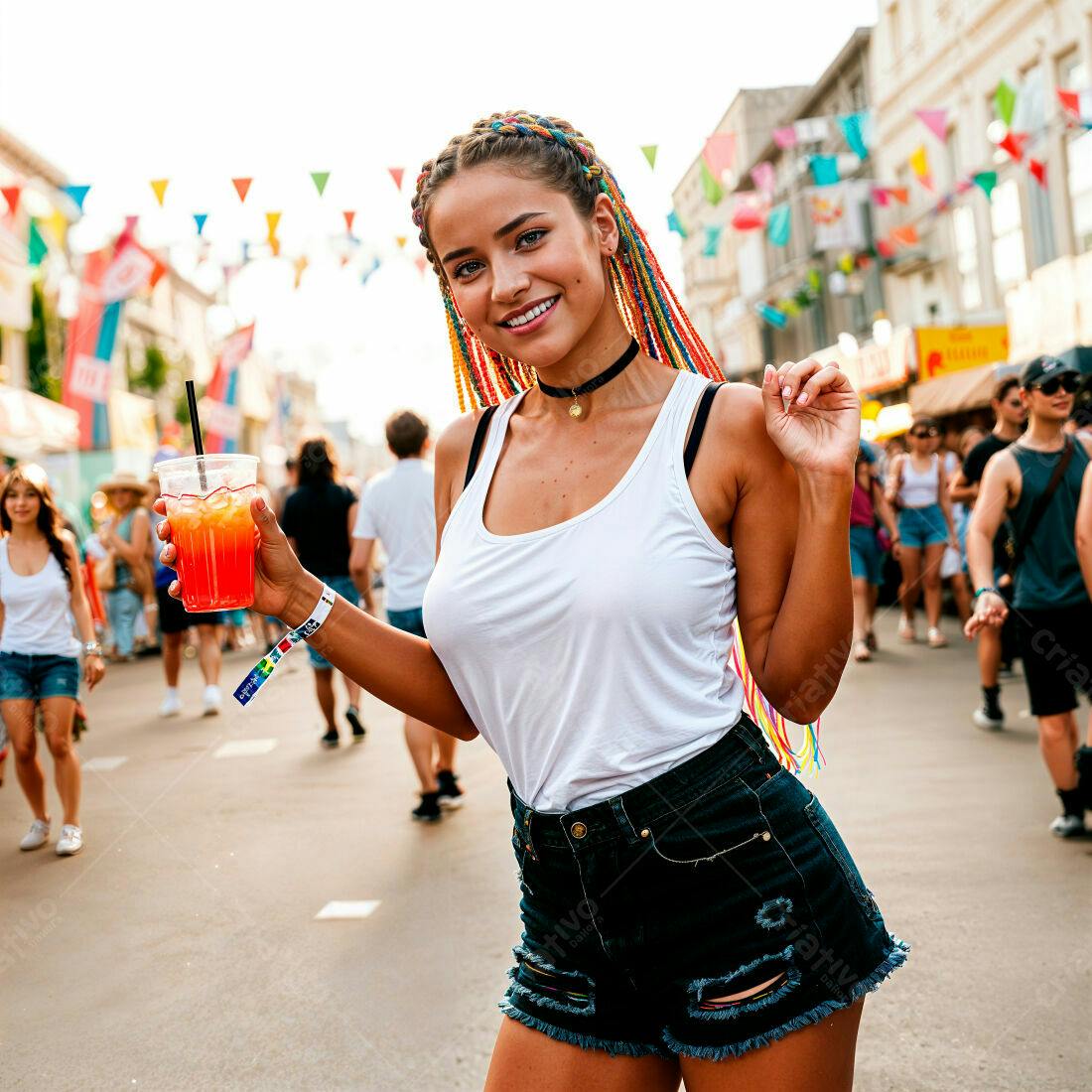 Mulher jovem em festival com bebida colorida