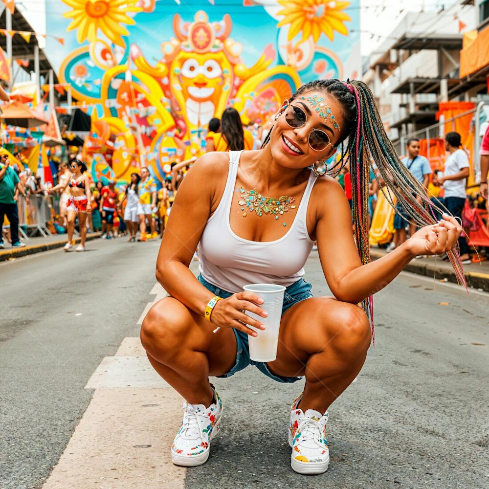 Mulher Posando Pra Foto Agachada No Carnaval