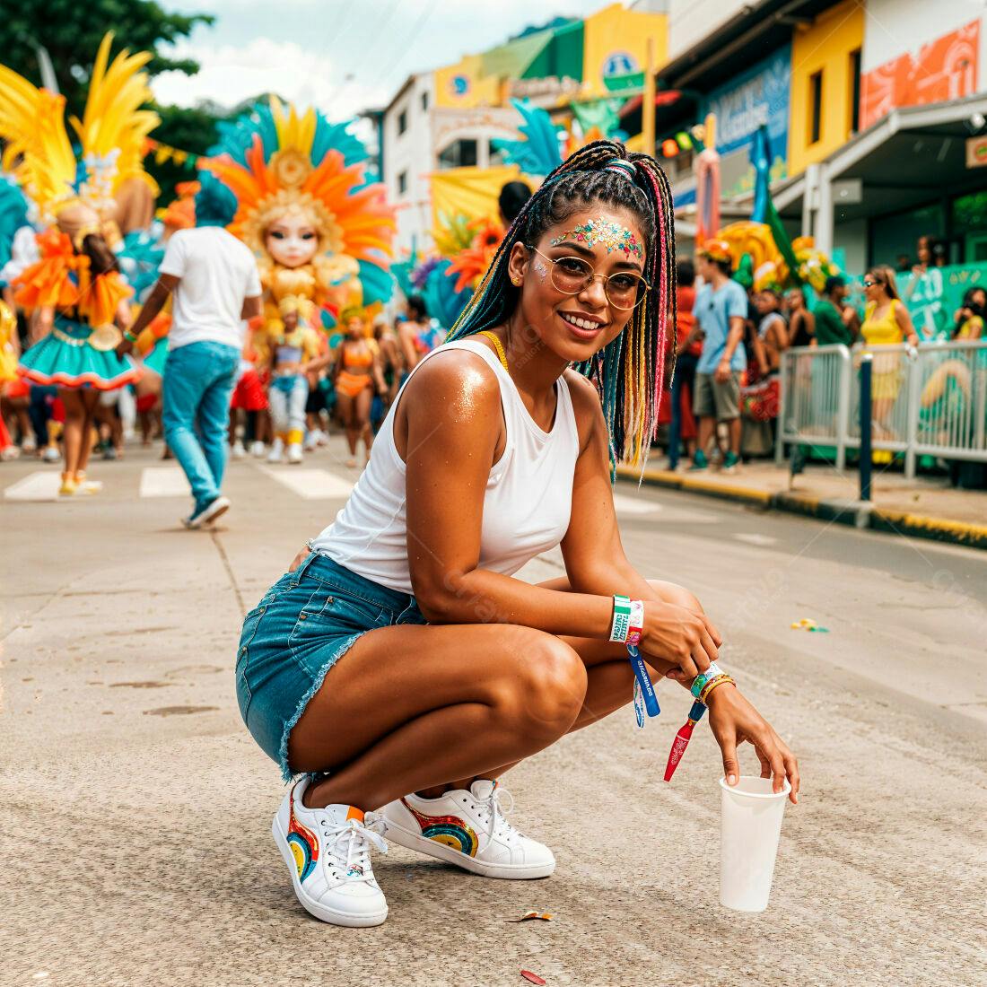 Mulher em pose no Carnaval com roupas coloridas