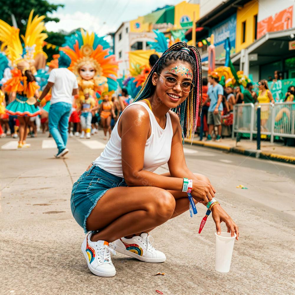 Mulher Morena Agachada Em Desfile De Carnaval