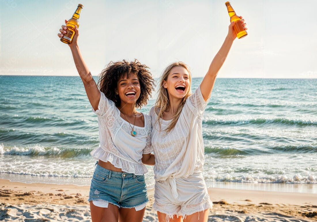 Amigas na praia com cerveja ao pôr do sol