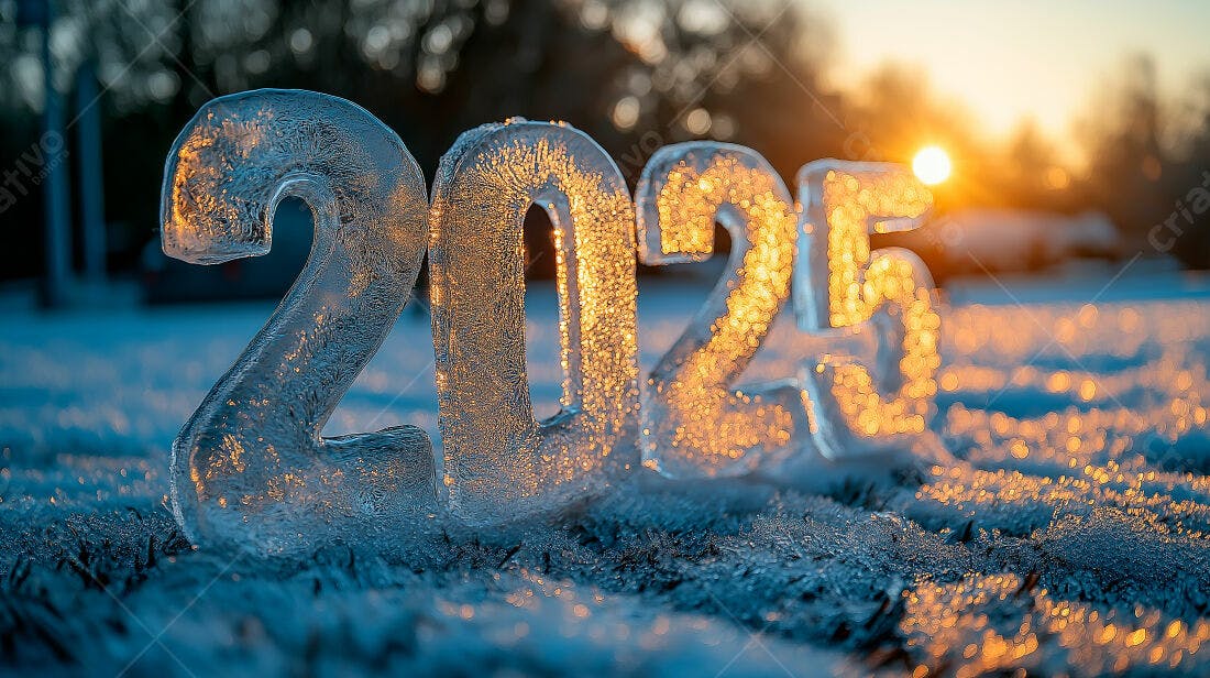 Números 2025 em gelo ao pôr do sol