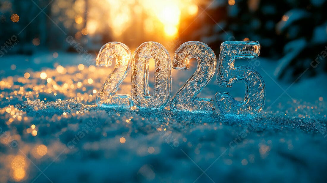 Ano Novo 2025 em gelo no inverno
