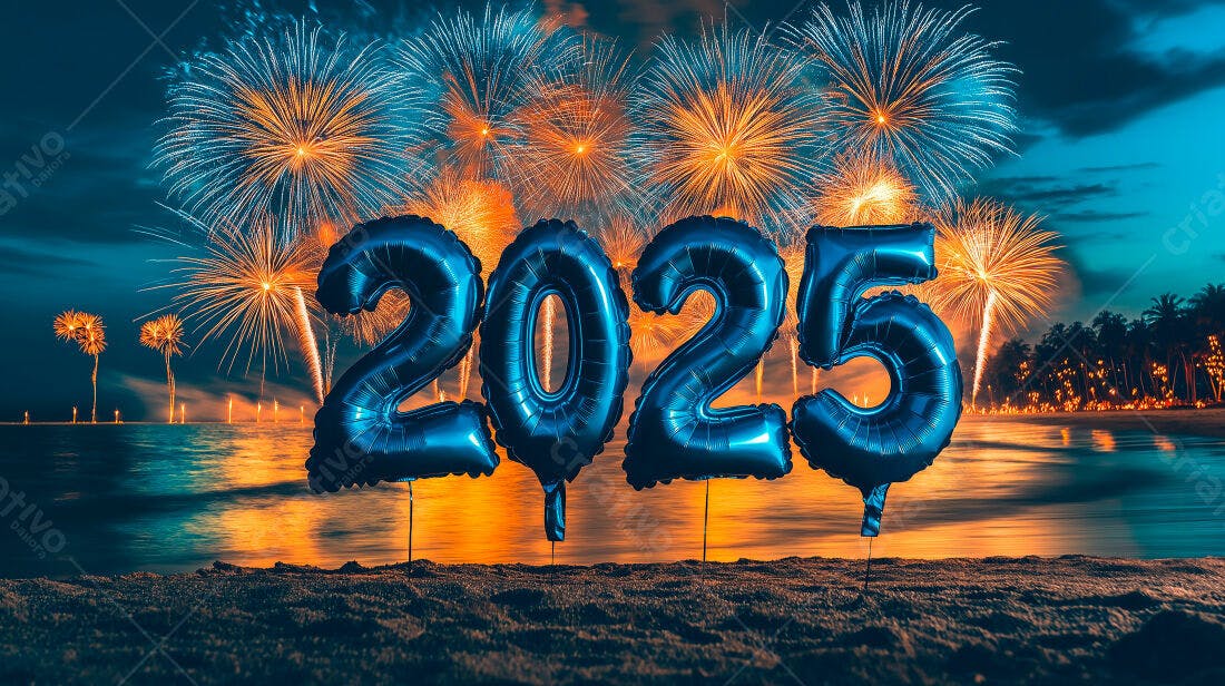 Balões 2025 em praia com fogos