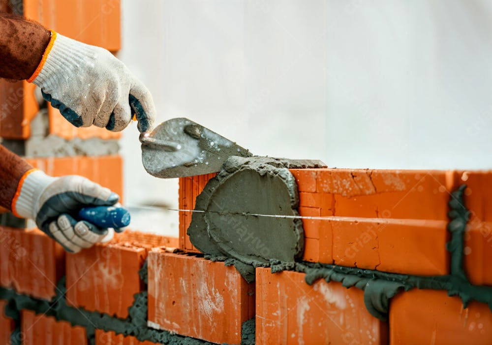 Construção Pedreiro Levantando Parede De Tijolos