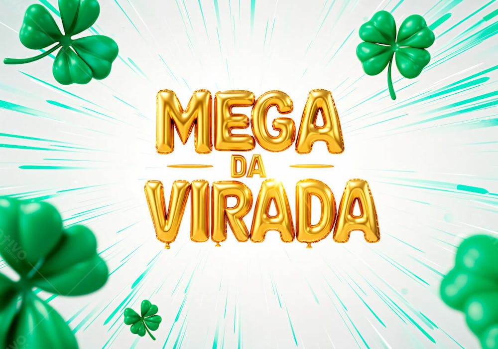 Mega Da Virada Texto 3D Dourado Com Trevos Ao Fundo