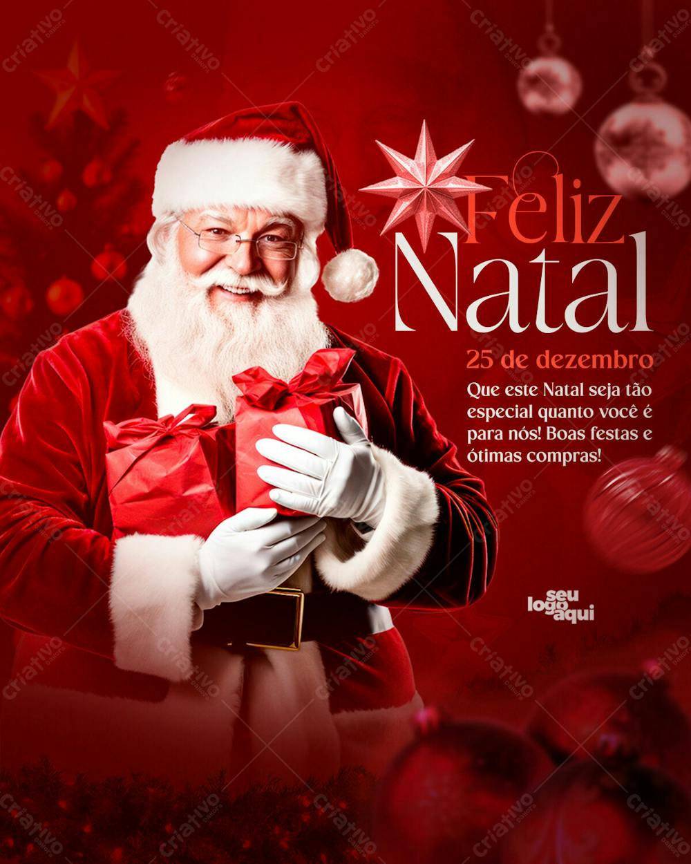 Flyer de Natal com Papai Noel segurando presentes e feliz