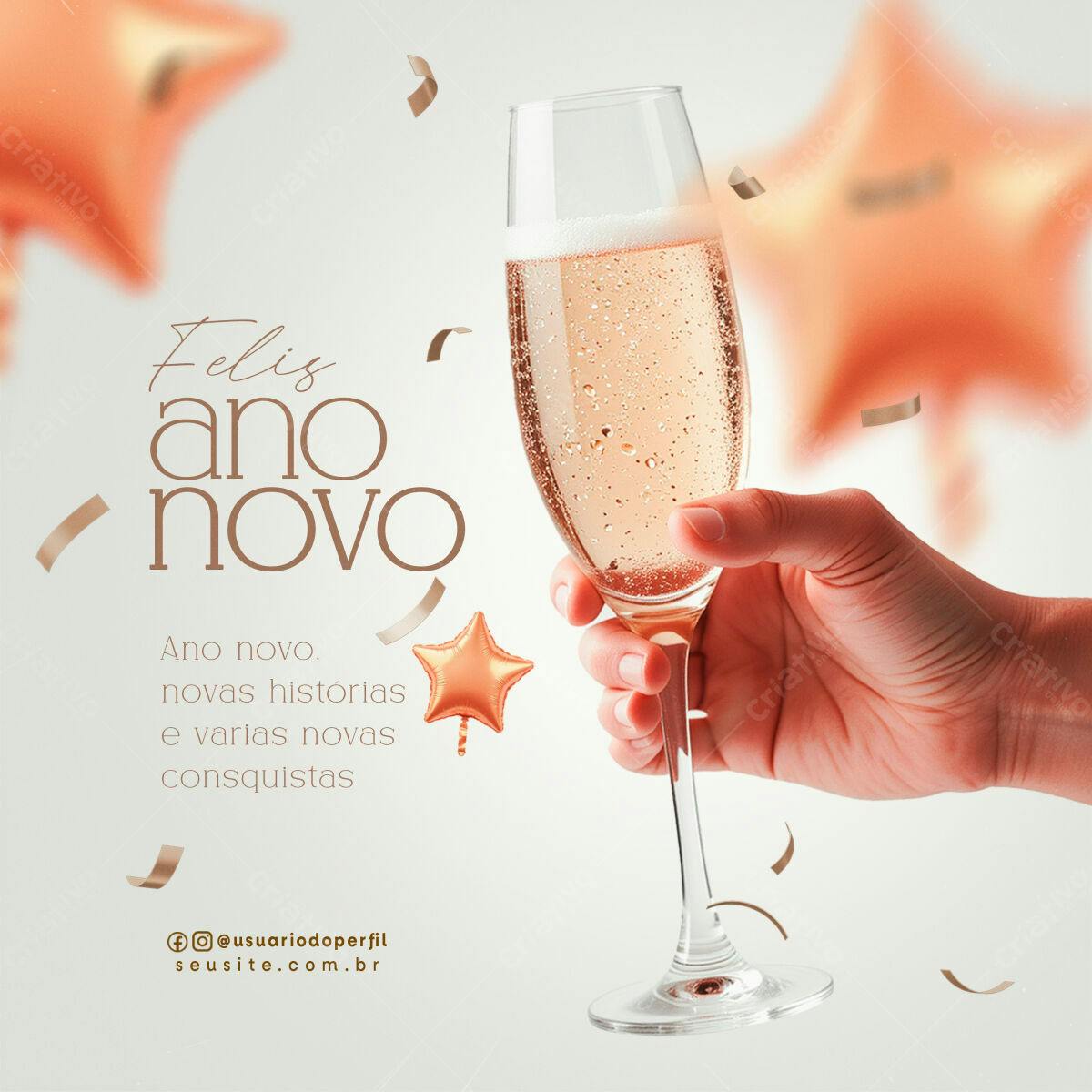 Flyer Ano Novo com Taça de Champanhe PSD Editável