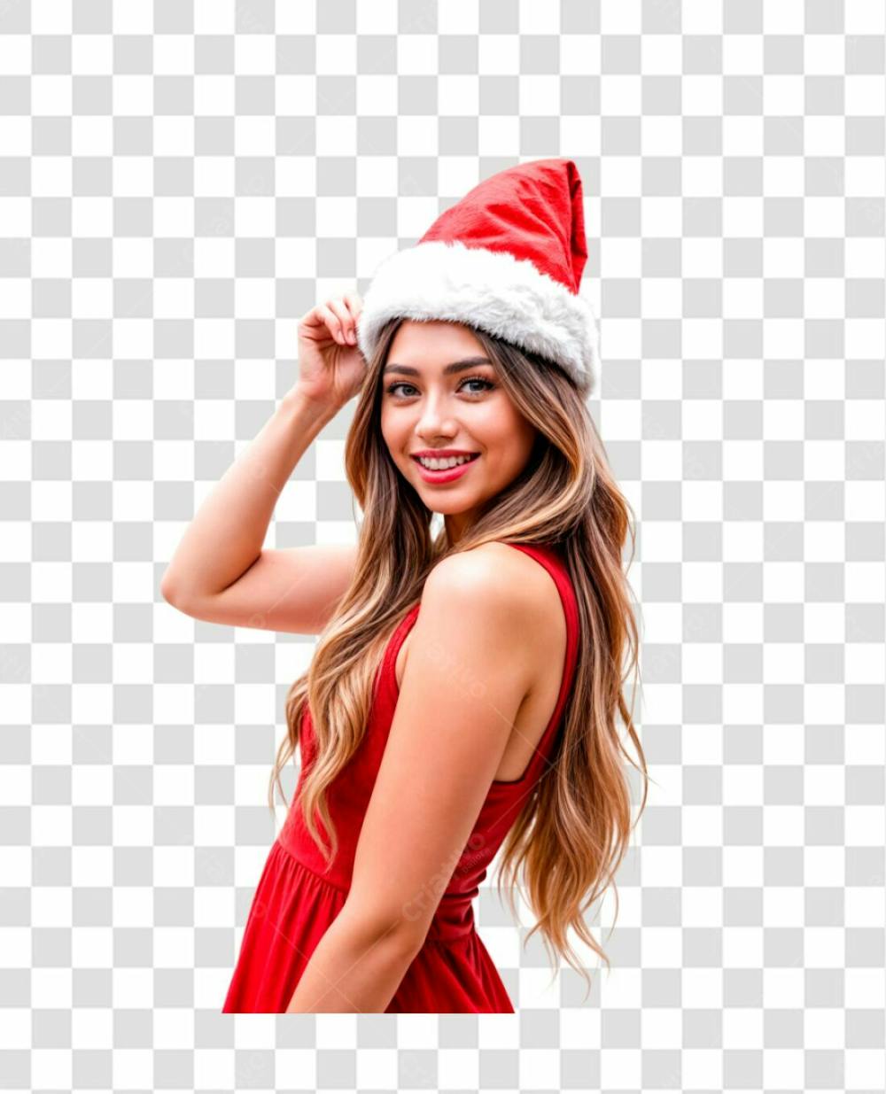 Mulher Feliz Com Cabeloslongos Gorro De Natal E Vestido Vermelho