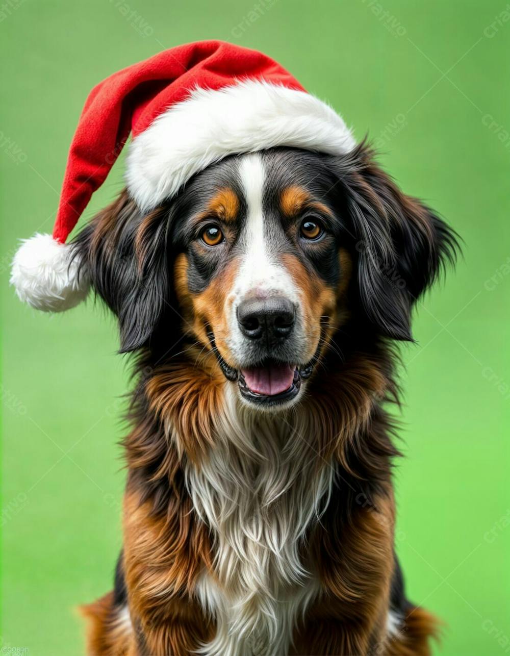 Um Cachorro Usando Um Chapéu De Papai Noel Vermelho Com Um Pompom Branco, Em Um Fundo Verde Sólido