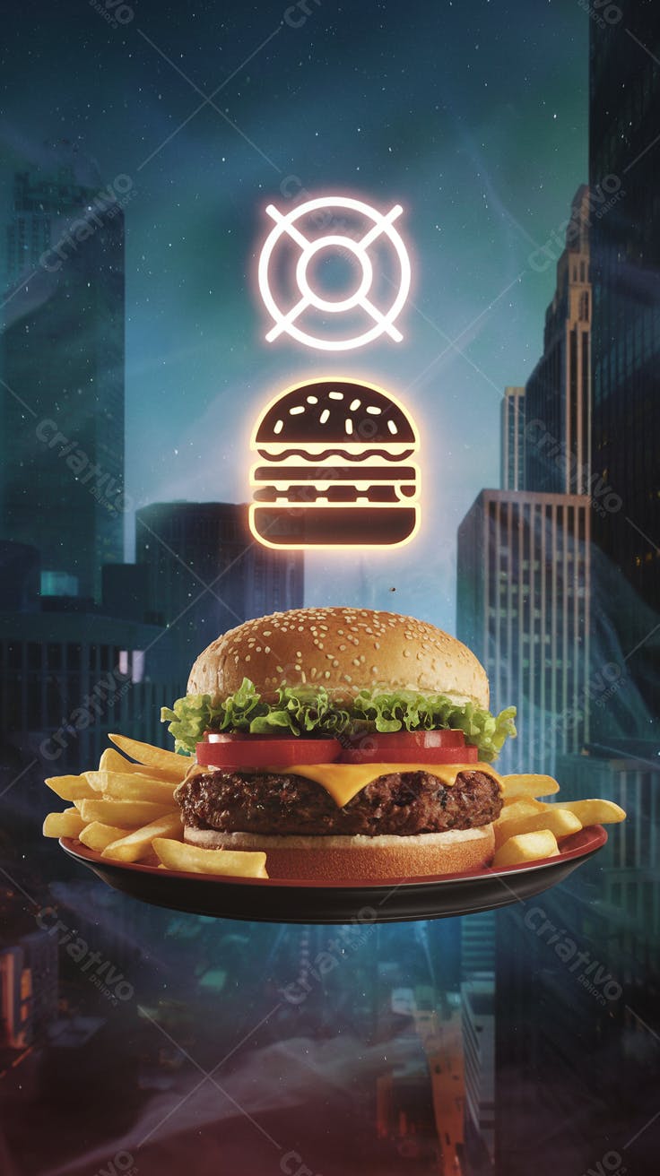 Hambúrguer suculento com fritas em cidade noturna