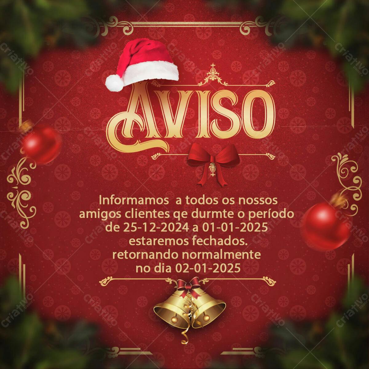 Aviso de Férias Natal PSD Editável