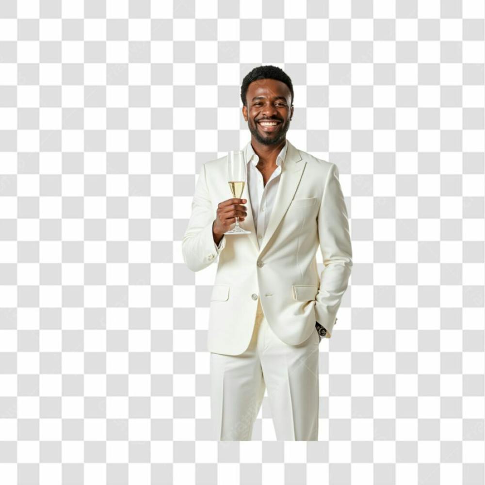 Homem Negro Com Roupa Branca Sorrindo Segurando Uma Taça De Champanhe Na Mão Png Transparente