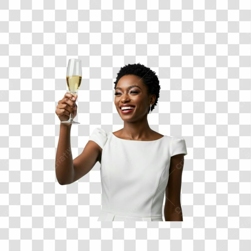 Mulher Negra Com Roupa Branca Sorrindo Segurando Uma Taça De Champanhe Na Mão Png Transparente