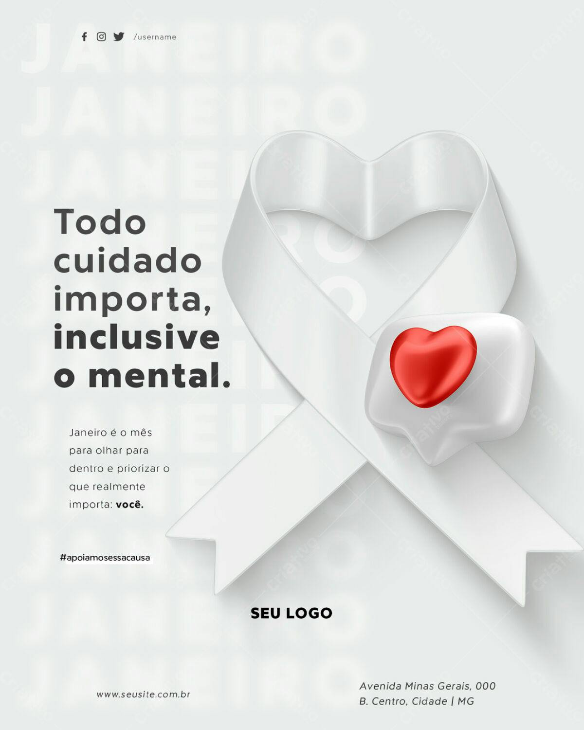 Flyer Janeiro Branco Saúde Mental PSD Editável