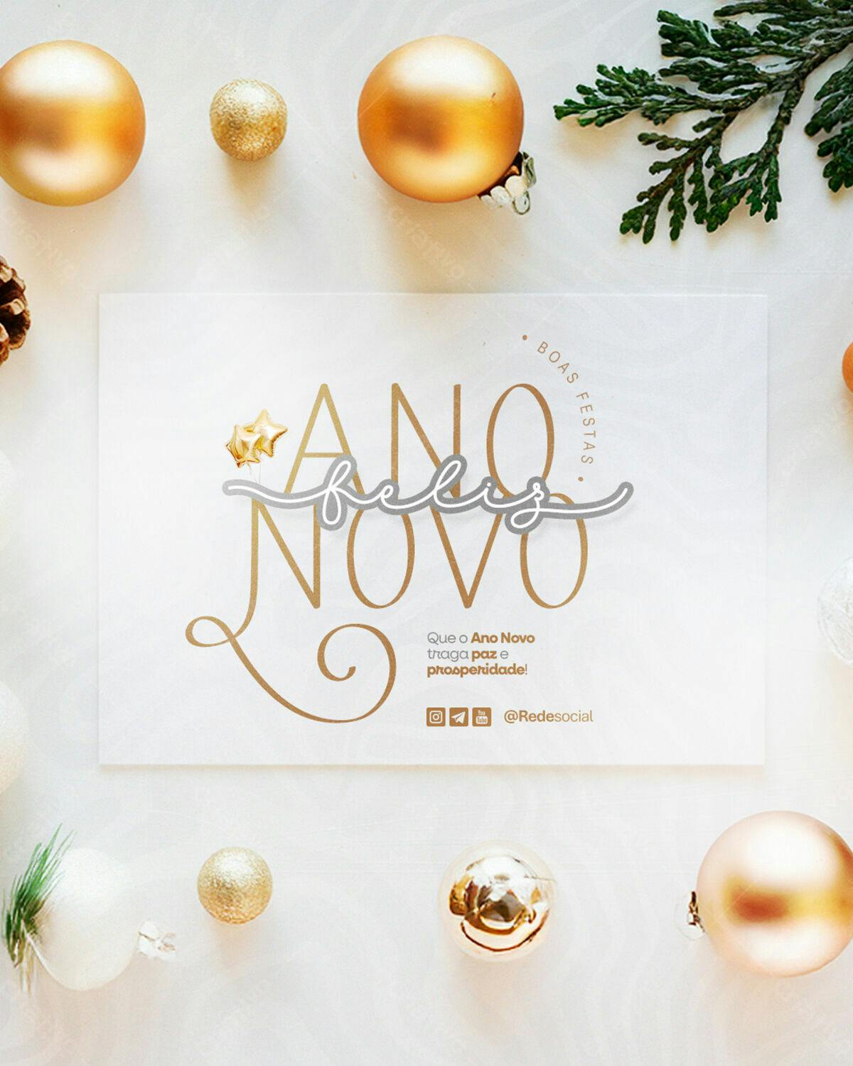 Cartão Ano Novo Dourado e Branco PSD Editável
