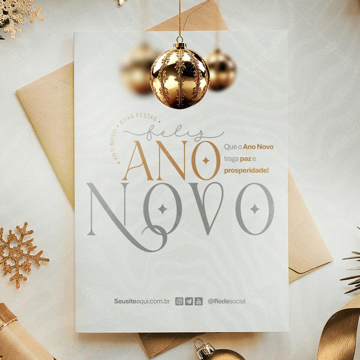 Cartão de Ano Novo Elegante em Dourado e Cinza PSD Editável
