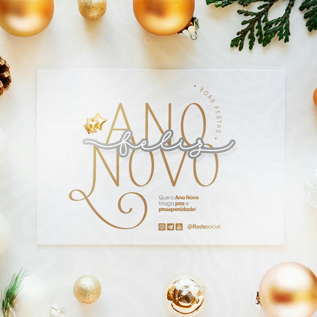 Cartão de Ano Novo Elegante em Dourado e Prata PSD Editável