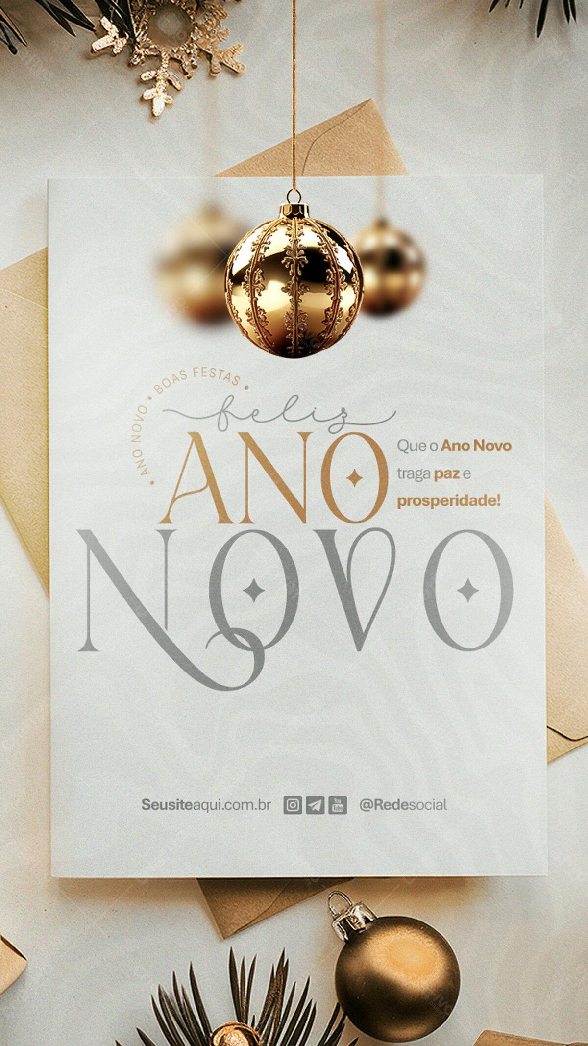 Cartão de Ano Novo Elegante em Dourado e Cinza PSD Editável
